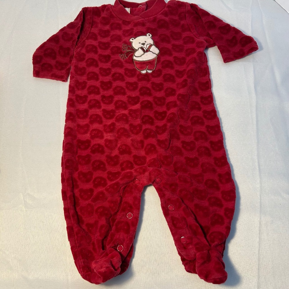 Vintage McBaby Red Plush Footed Pajamas 0-3 Months Teddy Bear‎ Applique Romper